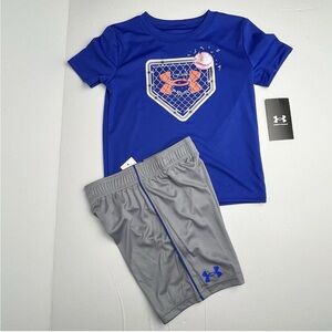 Boys Size 6 Under Armour Shirt & Shorts 2 Piece Set New Blue Gray